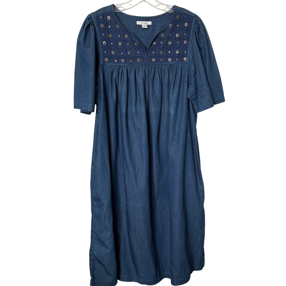 Go Softly Patio Denim Muumuu Dress Blue Cotton Sequin Pintuck Lounge sz Medium